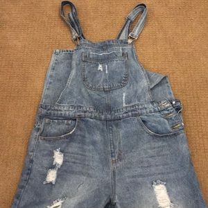 Forever 21 distressed denim overalls